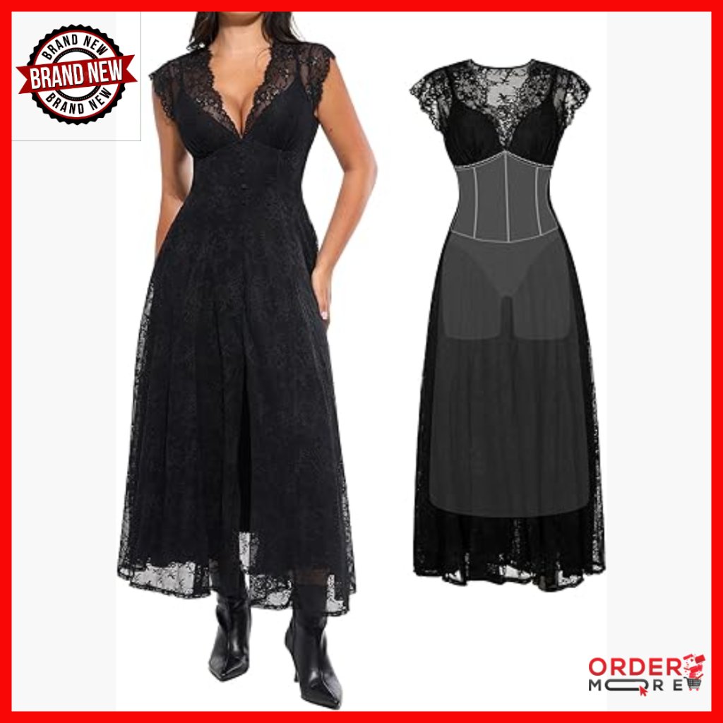 Formal Lace Maxi Dress With Built-In Shapewear, V-Neck, Sleeveless